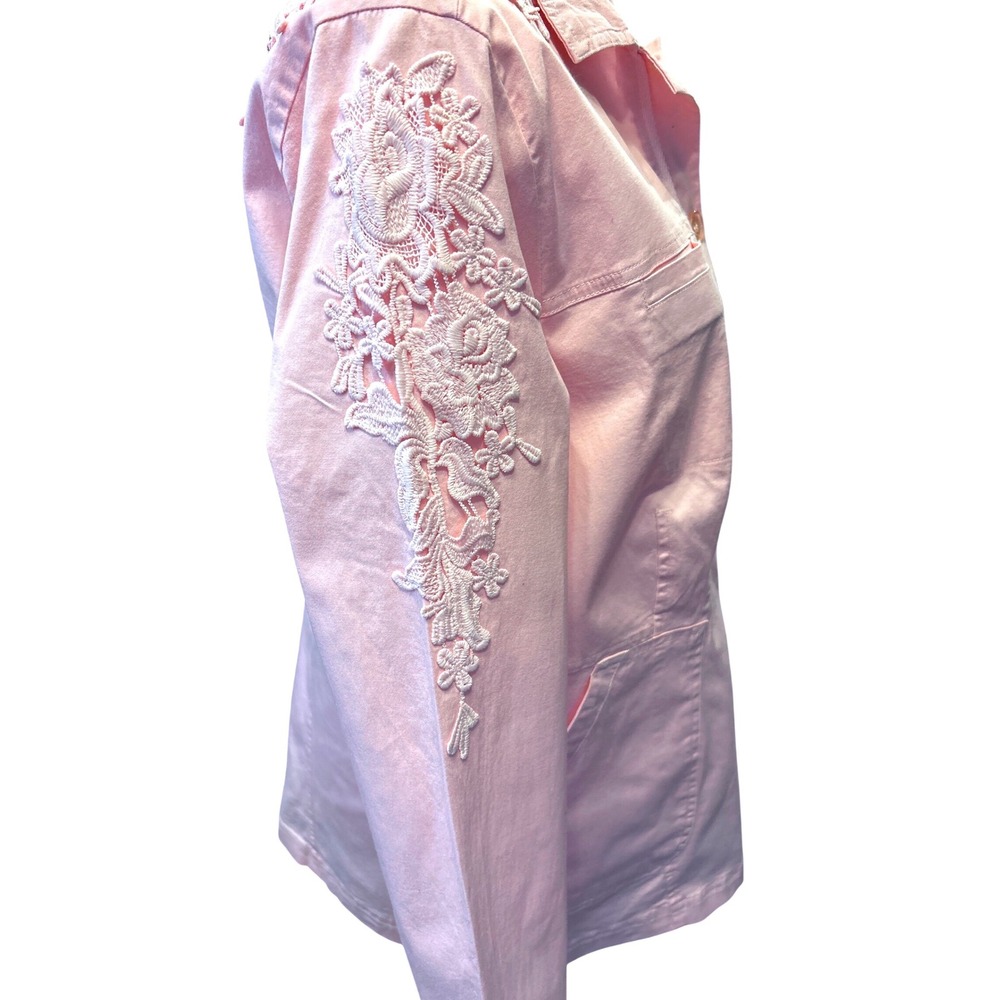 Peck & Peck Pink Denim Jacket Sz M Floral Lace Embroidered Stretch Cotton - Picture 6 of 12